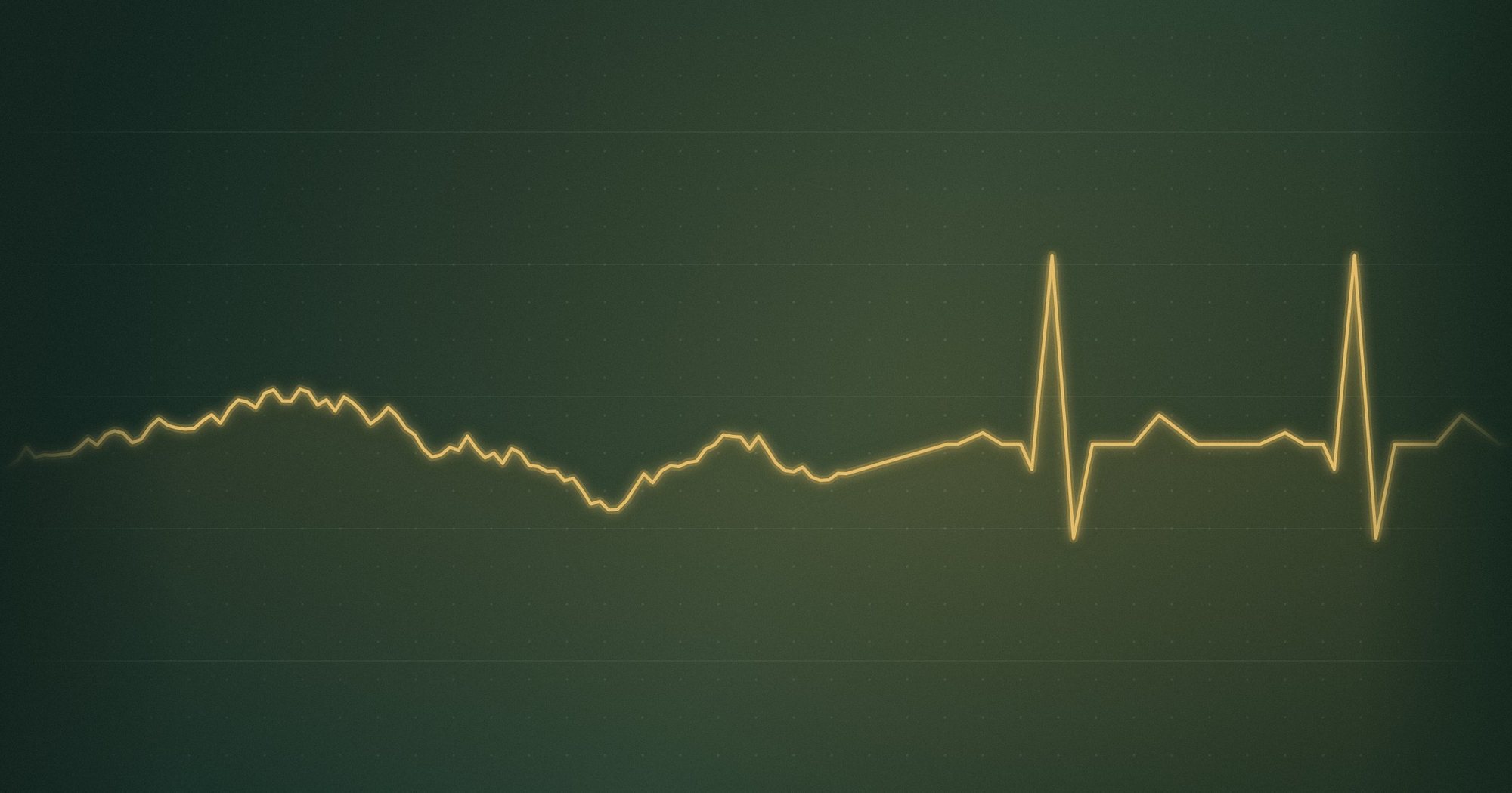 A gold market price line turning into a heartbeat line on deep green