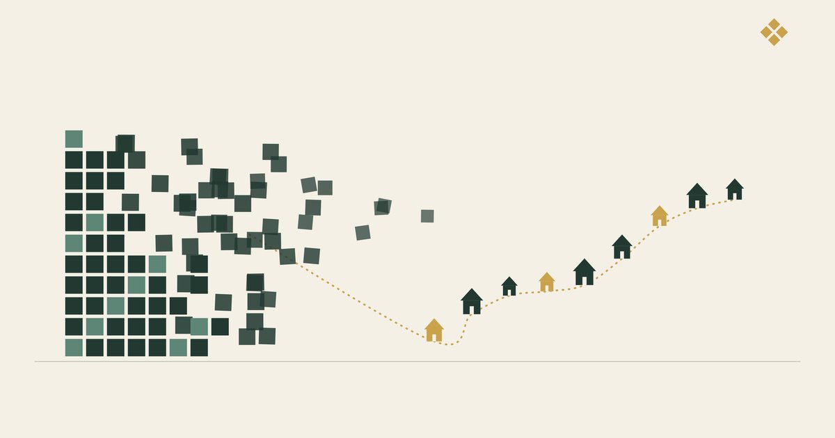 A hospital made of green blocks breaking apart, with a gold path carrying care out to homes